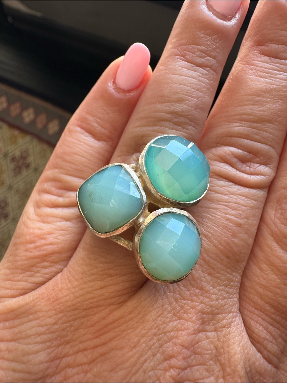 Silver (820) Triple Stone Aqua Blue Statement Ring - Unbranded. Handmade.